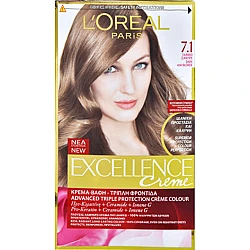 לוריאל אקסלנס קרם צבע שיער קבוע לטיפוח עשיר - בגוון 7.1 בלונד טבעי אפרפר