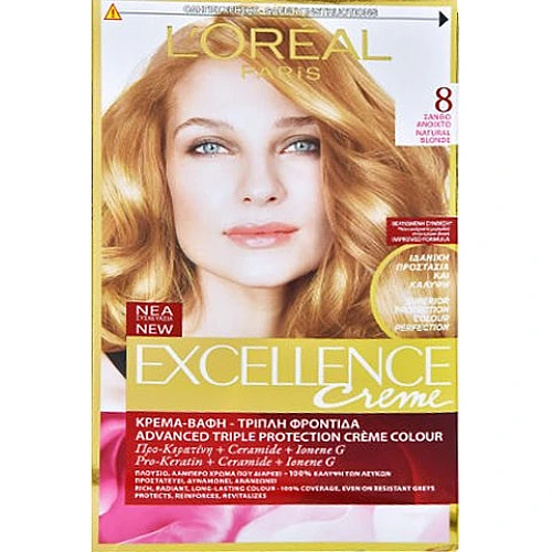 לוריאל אקסלנס קרם צבע שיער קבוע לטיפוח עשיר - בגוון 8 בלונד בהיר