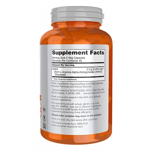 AAKG 2200 ארגינין אלפא-קטוגלוטרט ‏180 כמוסות - מבית NOW FOODS