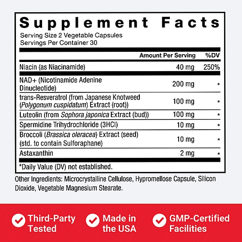 NAD+ Longevity קומפלקס מזין 60 כמוסות צמחיות - מבית Force Factor