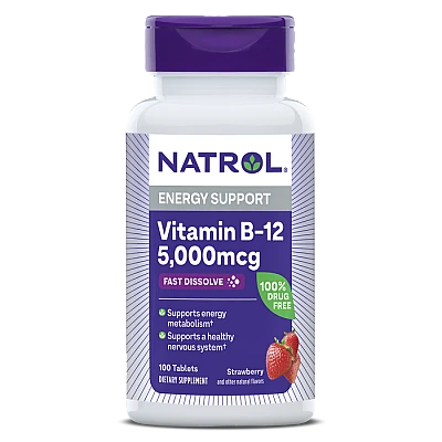 ויטמין B12 מינון 5000 מק"ג טבליות למציצה טעם תות - 100 טבליות - מבית NATROL