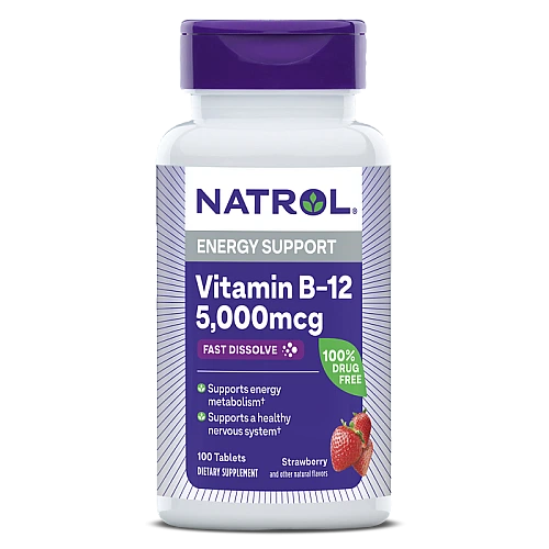 ויטמין B12 מינון 5000 מק"ג טבליות למציצה טעם תות - 100 טבליות - מבית NATROL