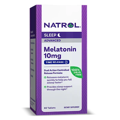 מלטונין 10 מ"ג שינה מתקדמת מכיל ויטמין B-6 וסידן 60 טבליות צמחוני - מבית Natrol