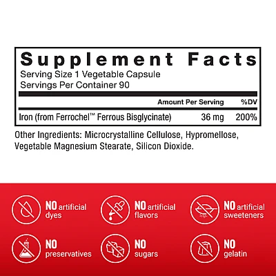 ברזל עם פרוכל 36 מ"ג 90 כמוסות צמחיות - מבית Force Factor