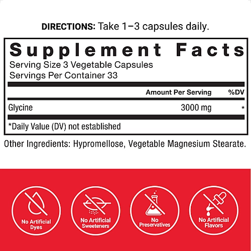גליצין 3,000 מ"ג (1,000 מ"ג לכמוסה) 100 כמוסות צמחיות - מבית Force Factor