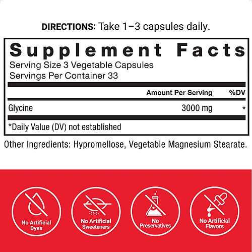 גליצין 3,000 מ"ג (1,000 מ"ג לכמוסה) 100 כמוסות צמחיות - מבית Force Factor
