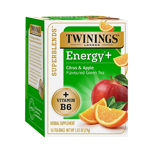 טווינינגס תה ירוק +Energy בטעם הדרים ותפוח 16 שקיקי - מבית Twinings