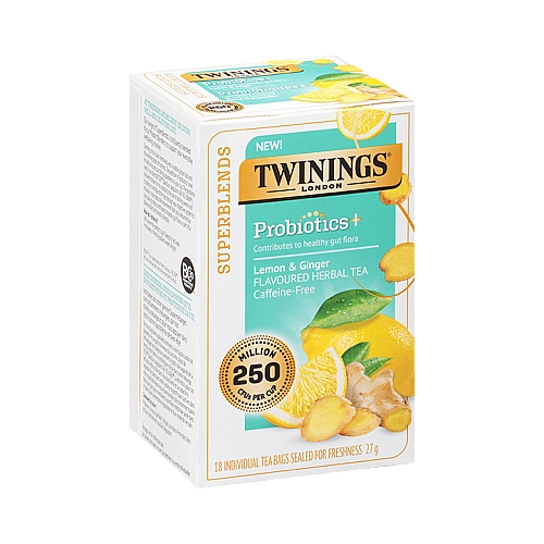 טווינינגס תה צמחים פרוביוטיקה Probiotics בטעם לימון וג'ינג'ר ללא קפאין 18 שקיקי - מבית Twinings