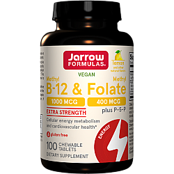 ג’ארו מתיל B-12 טבעוני 1,000 מק"ג + מתיל פולאט 400 מק"ג בטעם לימון 100 טבליות לעיסות - מבית Jarrow Formulas
