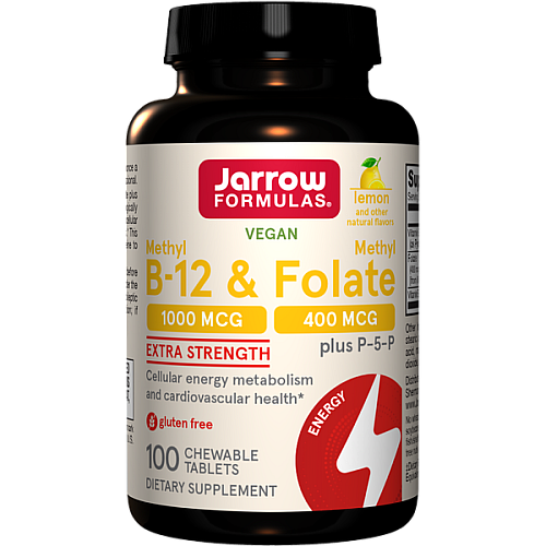 ג’ארו מתיל B-12 טבעוני 1,000 מק"ג + מתיל פולאט 400 מק"ג בטעם לימון 100 טבליות לעיסות - מבית Jarrow Formulas