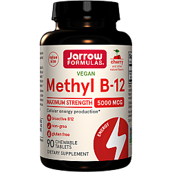 ג’ארו מתיל B-12 טבעוני 5,000 מק"ג בטעם דובדבן - 90 טבליות לעיסות - מבית Jarrow Formulas