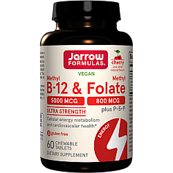 ג’ארו מתיל B-12 טבעוני 5,000 מק"ג + מתיל פולאט 800 מק"ג בטעם דובדבן 60 טבליות לעיסות - מבית Jarrow Formulas