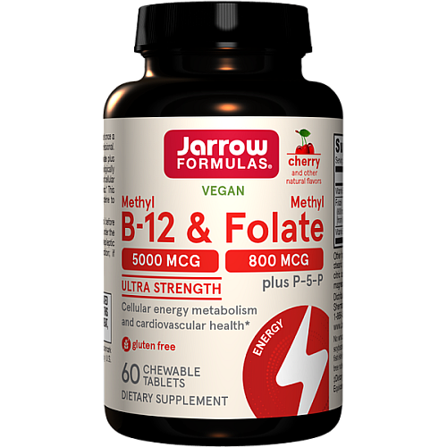 ג’ארו מתיל B-12 טבעוני 5,000 מק"ג + מתיל פולאט 800 מק"ג בטעם דובדבן 60 טבליות לעיסות - מבית Jarrow Formulas