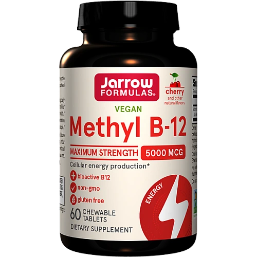 ג’ארו מתיל B12 טבעוני 5000 מק"ג טעם דובדבן - 60 טבליות לעיסה - מבית Jarrow Formulas