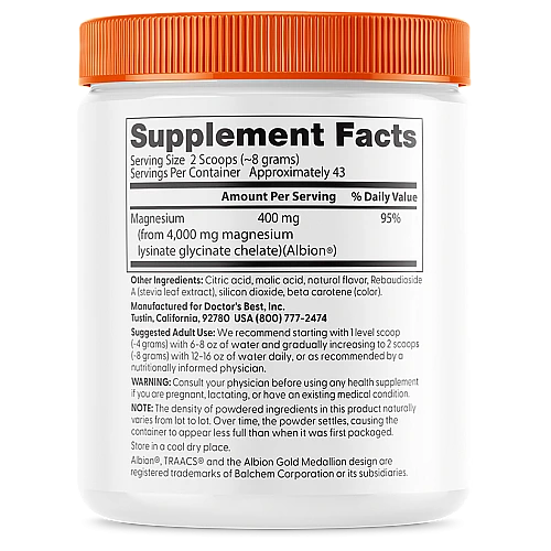 אבקת מגנזיום טעם אפרסק מתוק 347 גרם - מבית Doctor's best