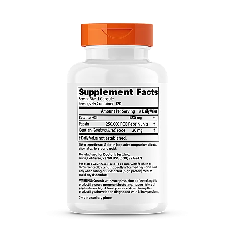 בטאין HCl פפסין וג'נטיאן 120 כמוסות - מבית Doctor's best בטאין HCl פפסין וג'נטיאן 120 כמוסות - מבית Doctor's best