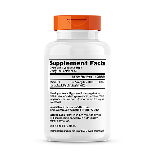 ויטמין D3 ממקור צמחי 2,500 יחב"ל 60 כמוסות - מבית Doctor's best