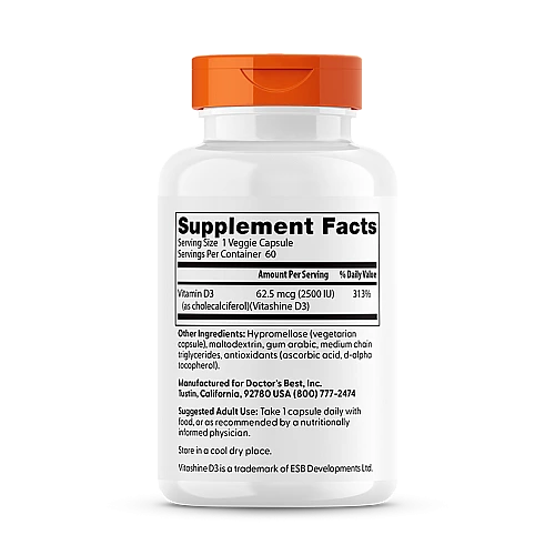 ויטמין D3 ממקור צמחי 2,500 יחב"ל 60 כמוסות - מבית Doctor's best