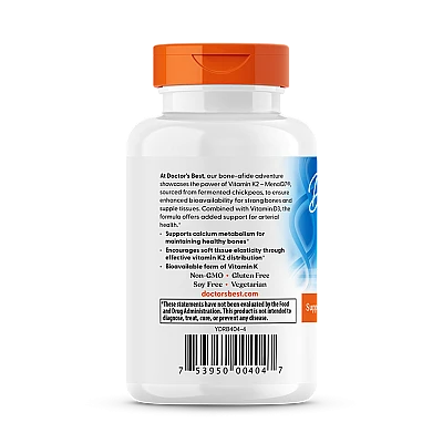 ויטמין K2 טבעי MK-7 בתוספת D3 מימון 180 מק"ג תכולה 60 כמוסות - מבית Doctor's best