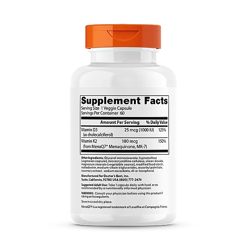 ויטמין K2 טבעי MK-7 בתוספת D3 מימון 180 מק"ג תכולה 60 כמוסות - מבית Doctor's best