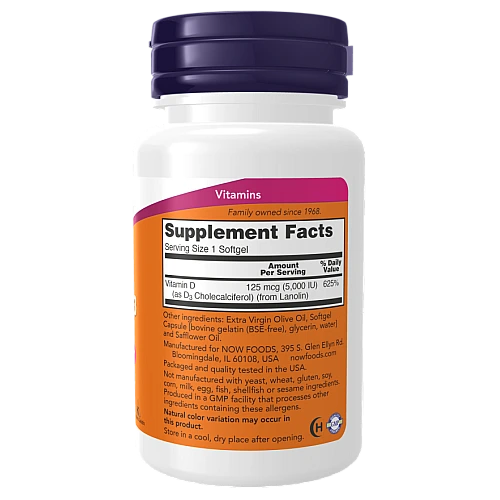 ויטמין D3 מכילה 5000 יחב"ל 30 כמוסות - מבית NOW FOODS