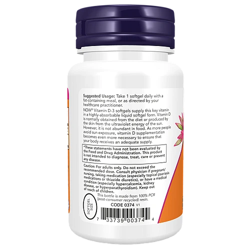 ויטמין D3 מכילה 5000 יחב"ל 30 כמוסות - מבית NOW FOODS