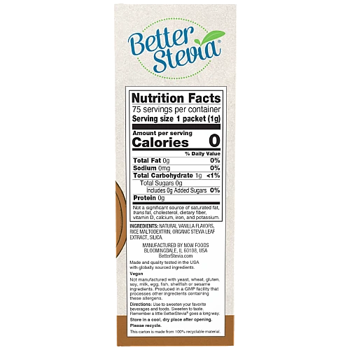 סטיביה טעפ וניל צרפתי 75 שקיקים - מבית NOW FOODS