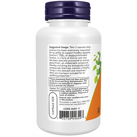 DGL שורש ליקוריץ עם אלוורה 400 מ"ג 100 כמוסות - מבית NOW FOODS