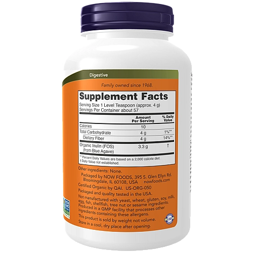 אינולין אורגני אבקת פרה-ביוטיקה 227 גרם - מבית NOW FOODS