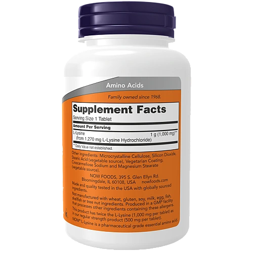 ליזין 1000 מ"ג עוצמה כפולה - 100 טבליות - מבית NOW FOODS