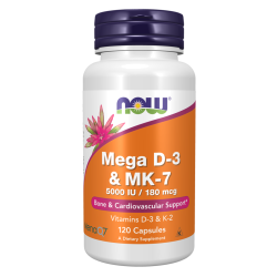  ויטמין מגה D-3 (5,000 יחב״ל) וK-2 (180 מק"ג) 120 כמוסות - מבית NOW FOODS