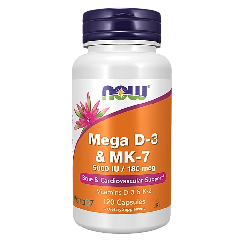 ויטמין מגה D-3 (5,000 יחב״ל) וK-2 (180 מק"ג) 120 כמוסות - מבית NOW FOODS