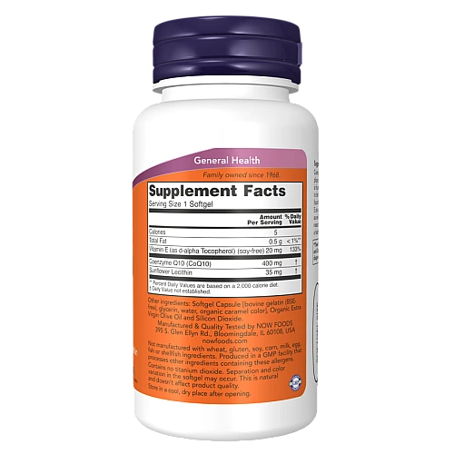 Q10 קו-אנזים 400 מ"ג עם ויטמין E ולציטין חמניות 30 כמוסות - מבית NOW FOODS
