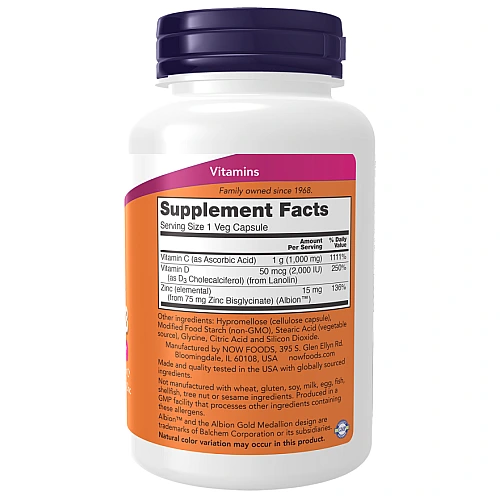 אבץ ויטמין C-1000 ו-D-3 תכולה 100 כמוסות - מבית NOW FOODS