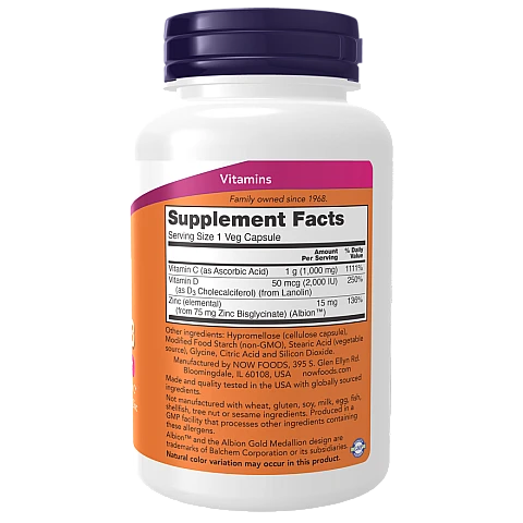 אבץ ויטמין C-1000 ו-D-3 תכולה 100 כמוסות - מבית NOW FOODS