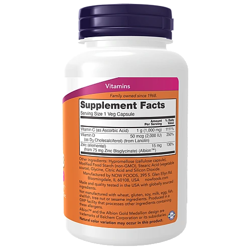 אבץ ויטמין C-1000 ו-D-3 תכולה 100 כמוסות - מבית NOW FOODS