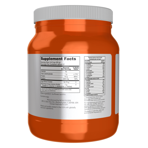 אבקת חלבון ביצה עם BCAA ללא טעם 544 גרם  - מבית NOW FOODS