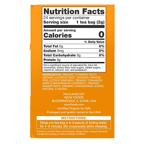חליטת כורכום אורגני ג'ינג'ר נטול קפאין 24 שקיקי תה - מבית NOW FOODS