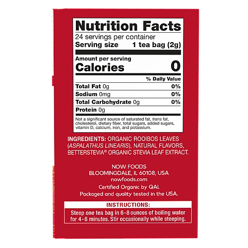 תה רויבוש אורגני עם סומק הדרים וניל נטול קפאין 24 שקיקי תה - מבית NOW FOODS