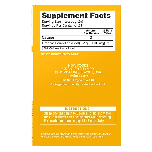 תה שן הארי אורגני לניקוי מסורתי נטול קפאין 24 שקיקי תה - מבית NOW FOODS