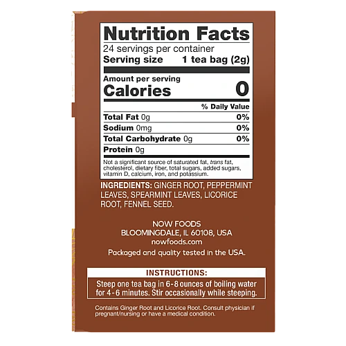 תערובת צמחית מרגיעה ג'ינג'ר ומנטה נטול קפאין 24 שקיקי תה - מבית NOW FOODS