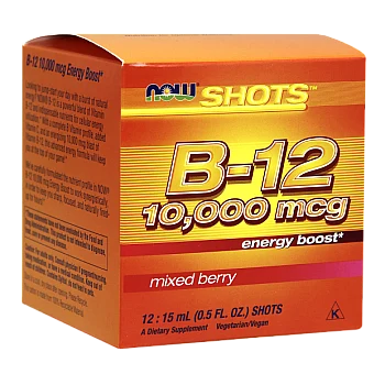 Shots תוסף B-12 בטעם פירות יער 10,000 מק“ג - 12 מנות - מבית NOW FOODS