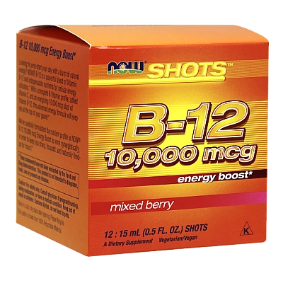 Shots תוסף B-12 בטעם פירות יער 10,000 מק“ג - 12 מנות - מבית NOW FOODS