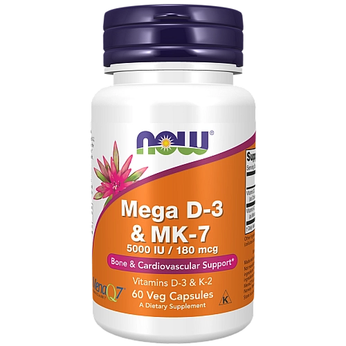 ויטמין מגה D-3 (5,000 יחב״ל) וK-2 (180 מק"ג) - תכולה 60 כמוסות - מבית NOW FOODS
