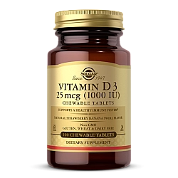 ויטמין IU 1000 D3 יחב"ל סולגאר טעם בננה תות טבעי - 100 טבליות לעיסות - מבית SOLGAR