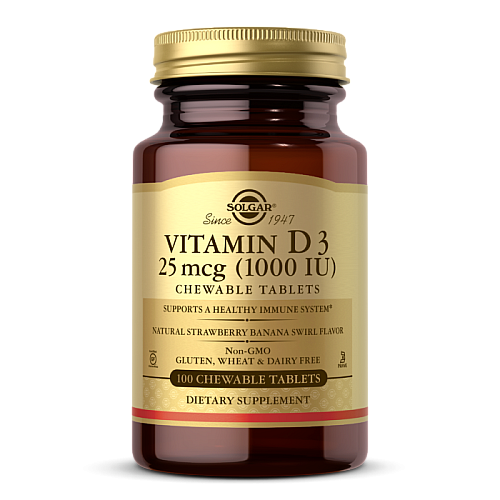 ויטמין IU 1000 D3 יחב"ל סולגאר טעם בננה תות טבעי - 100 טבליות לעיסות - מבית SOLGAR