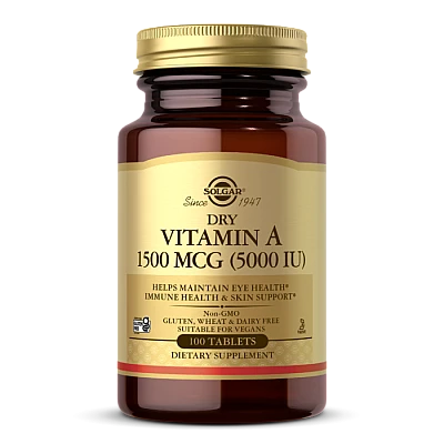 סולגאר ויטמין A יבש‏ 1500 מק"ג (5,000 יחב"ל) 100 טבליות - מבית SOLGAR