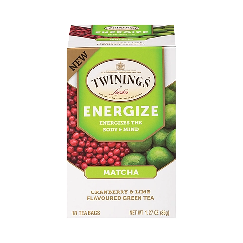 טווינינגס תה ירוק עם מאצ׳ה Energize בטעם חמוציות וליים 18 שקיקי - מבית Twinings