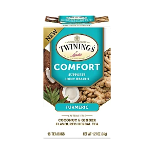 טווינינגס תה צמחי הקלה Comfort כורכום קוקוס וג'ינג'ר ללא קפאין 18 שקיקי - מבית Twinings