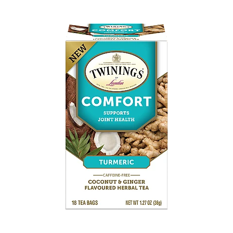 טווינינגס תה צמחי הקלה Comfort כורכום קוקוס וג'ינג'ר ללא קפאין 18 שקיקי - מבית Twinings טווינינגס תה צמחי הקלה Comfort כורכום קוקוס וג'ינג'ר ללא קפאין 18 שקיקי - מבית Twinings